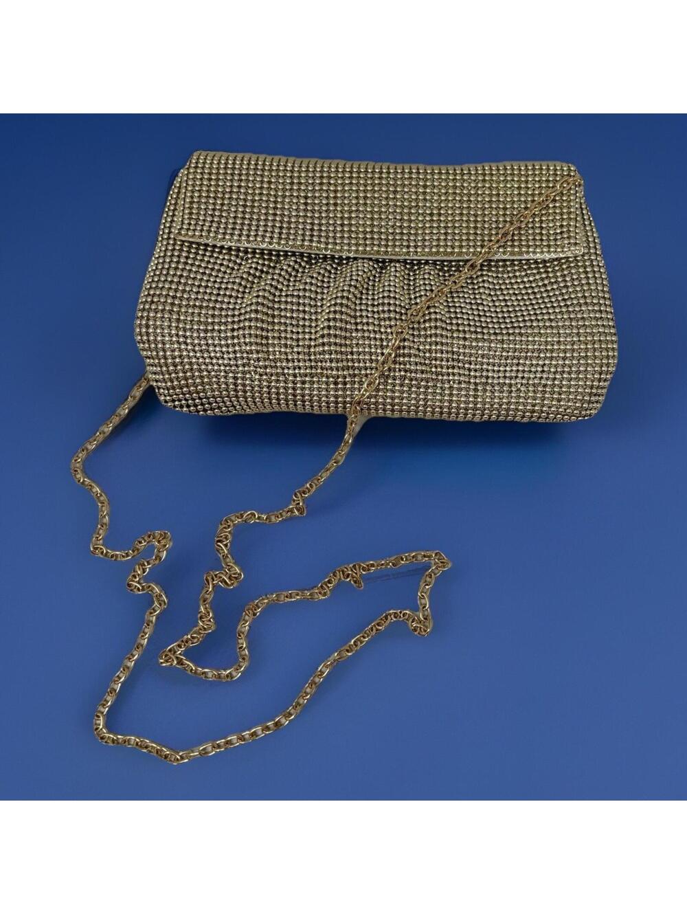 La Regale Purse Gold Mesh Metal Beaded Snap Closure Chain Strap Satin Interior